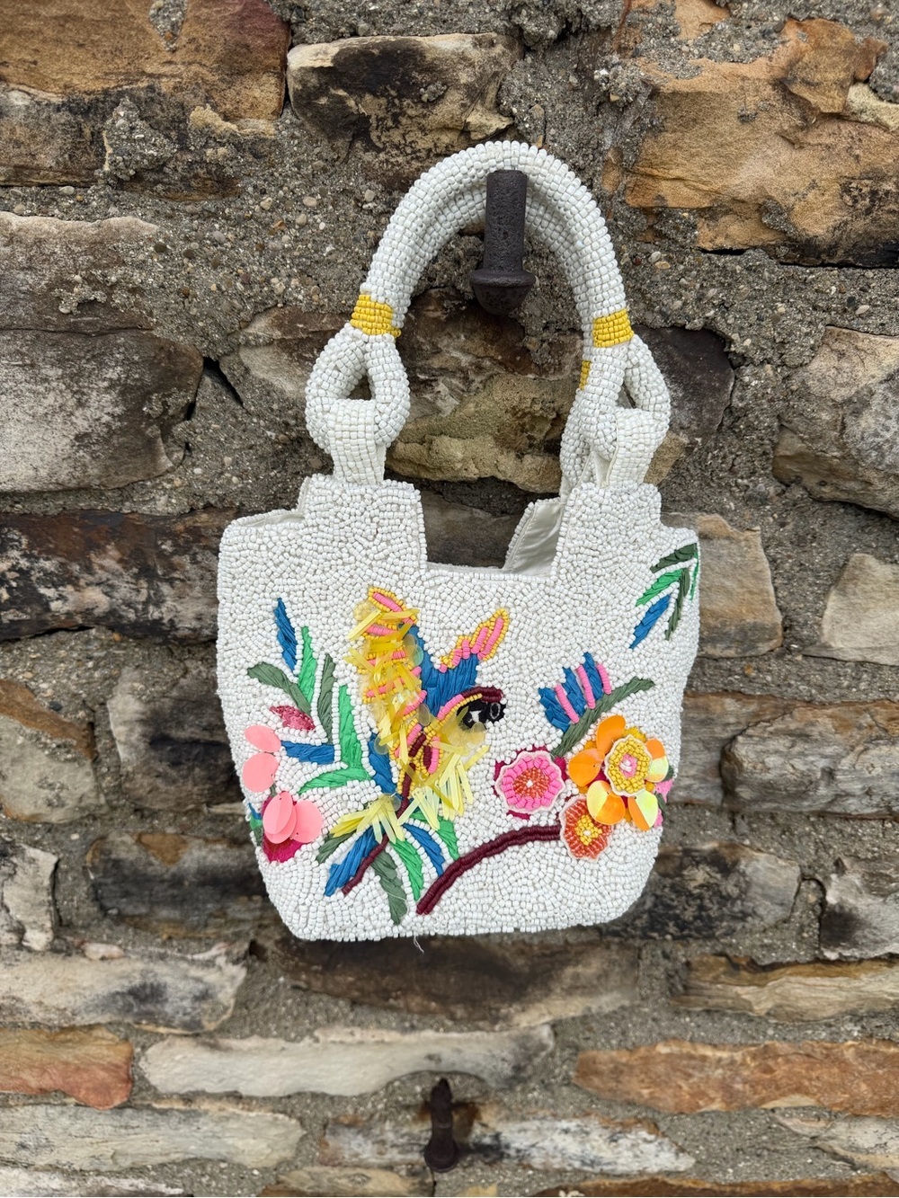 Beaded Parrot Floral Tote Bag purse